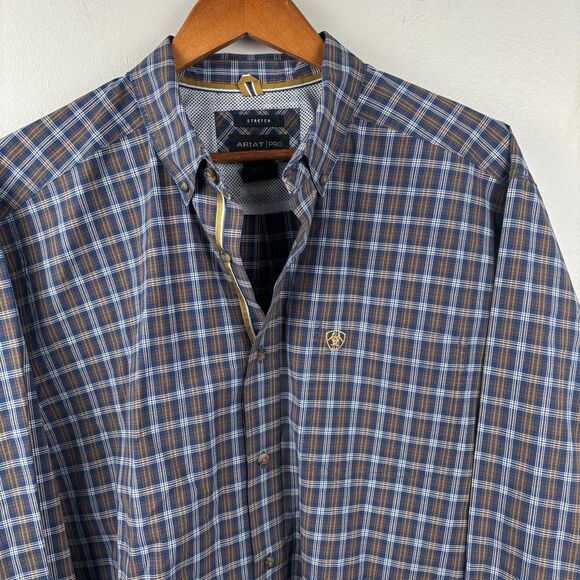 Ariat PRO Series button Front men's XL Shirt Plaid Blue Brown long sleeve Logo - Picture 3 of 10